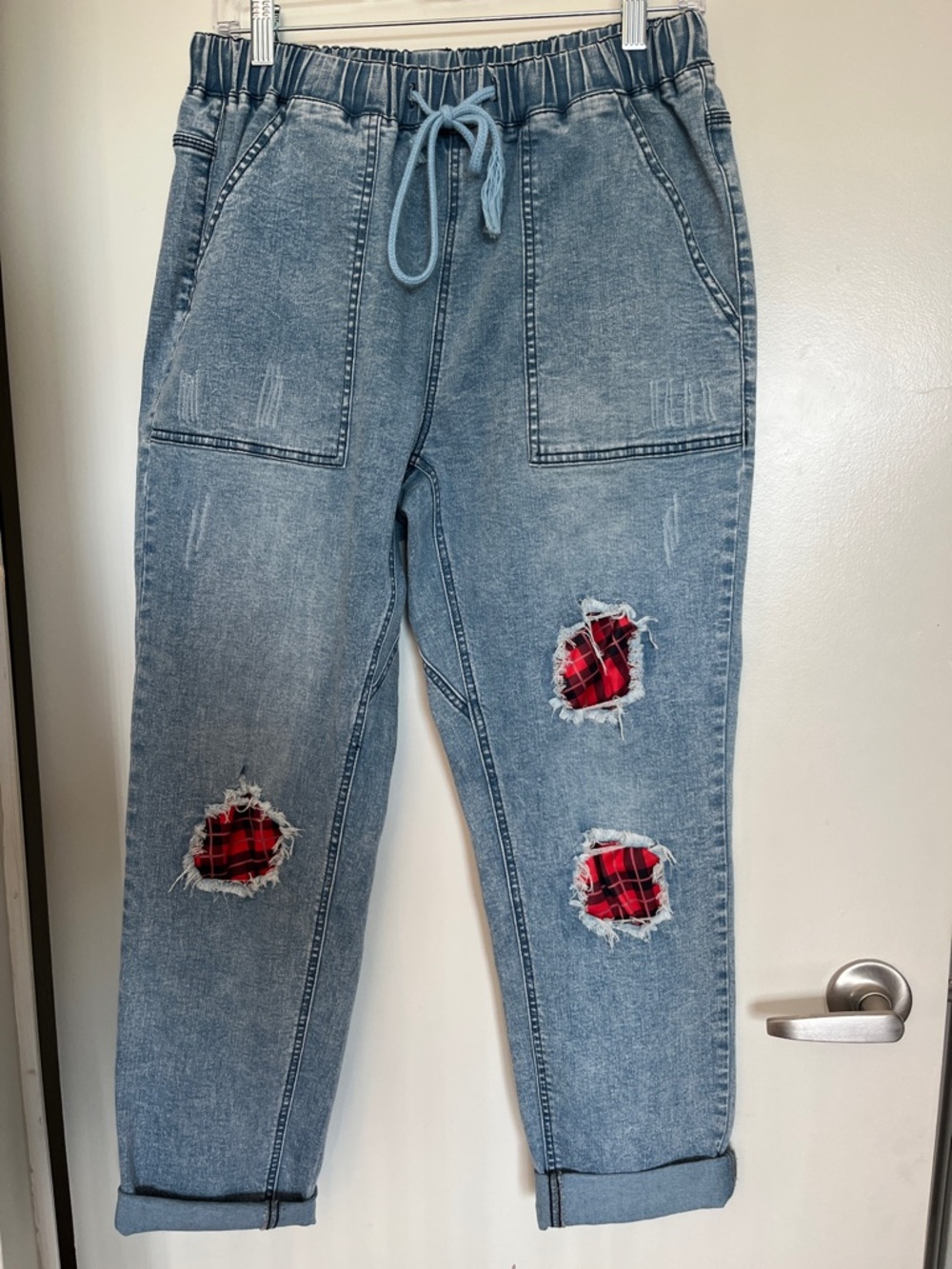 Light Blue Women's Distressed Jogger Jeans with Red Plaid Patch